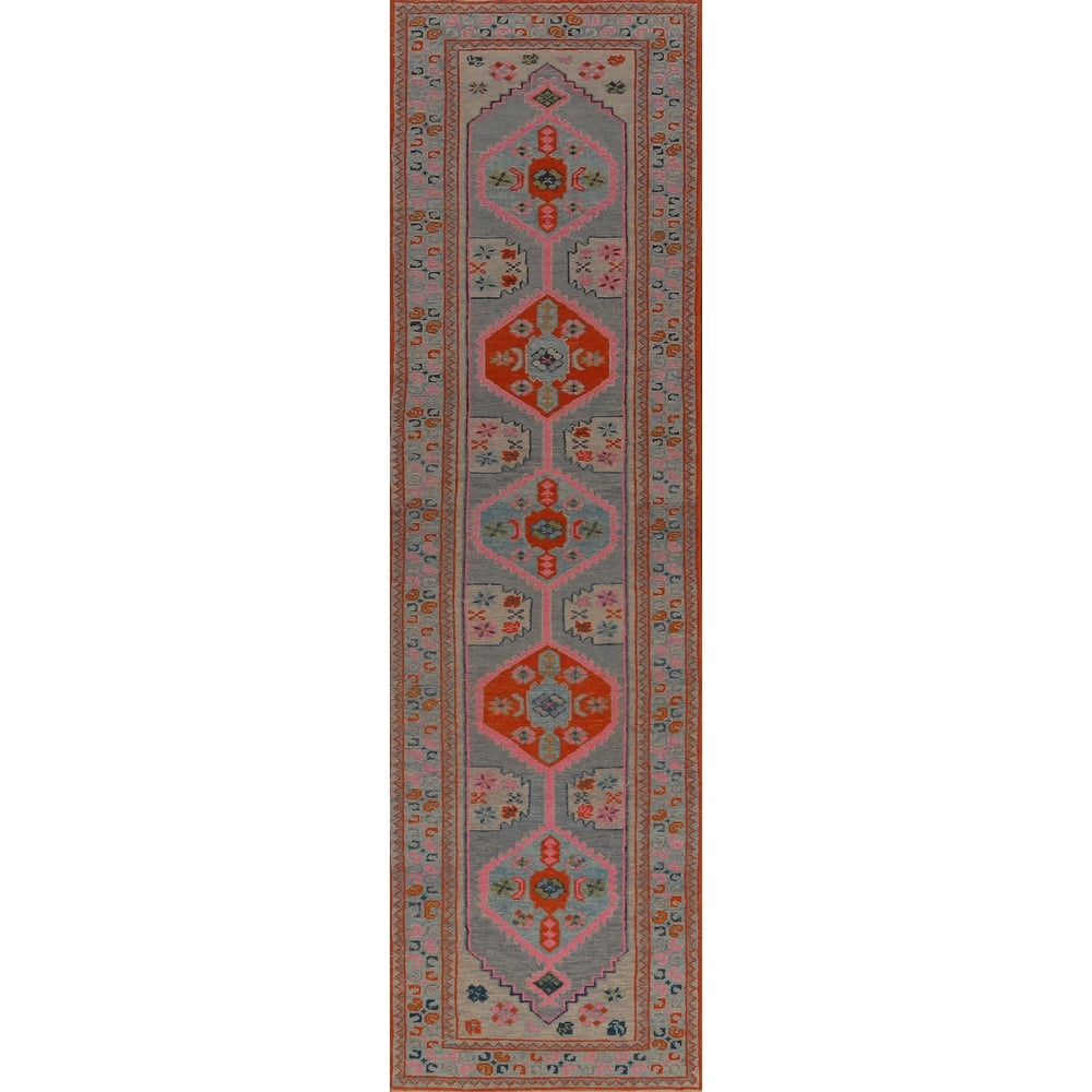 Hand Knotted Oriental 100% Wool Carpet Transitional Geometric Navy Blue & Blues Oushak Runner Rug - 14' 4'' X 3' 1''