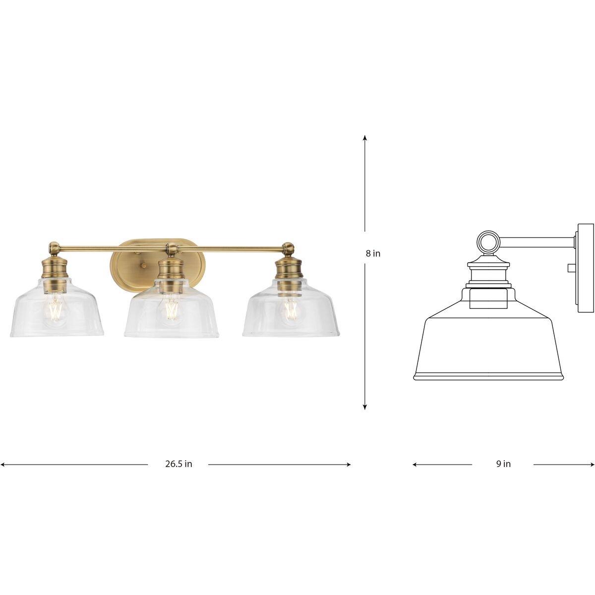 Singleton Collection 3Light 26.5 in. Vintage Brass Vanity Light with Clear Glass Shades Small