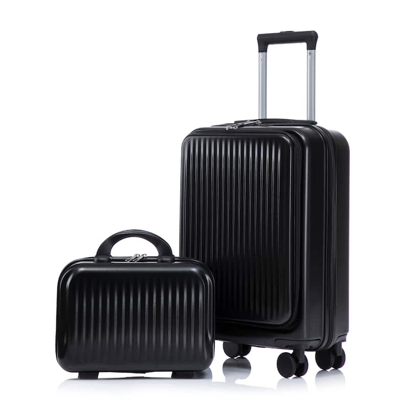 14"/20" 2 pcs/set in ABS Spinner Wheel Luggage, with Combination Lock and Front Opening Design, 14" Cosmetic Case - Black