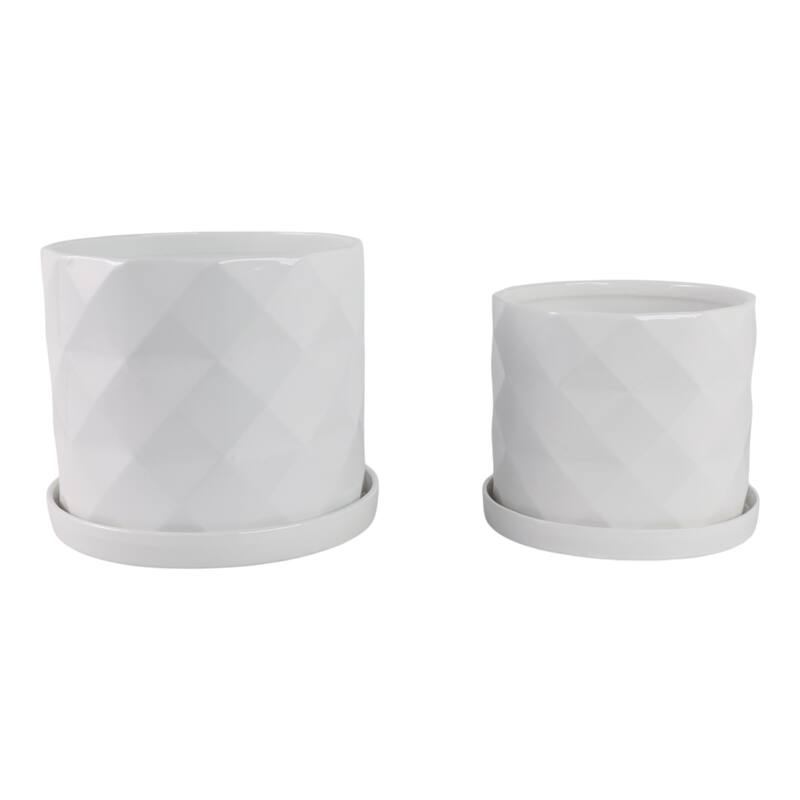 Ceramic Saucer Planters Geometric Finish (Set of 2) - 10", 9" White - 11.75" x 11.75" x 10.25"