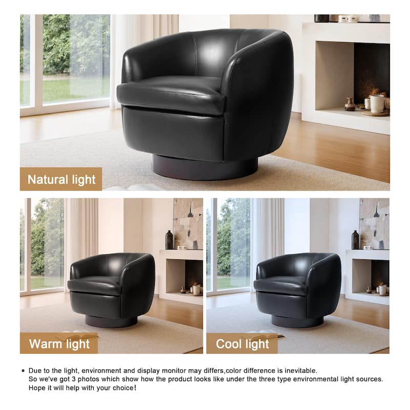 Leather Upholstered Swivel Barrel Accent Chair With Wood Base