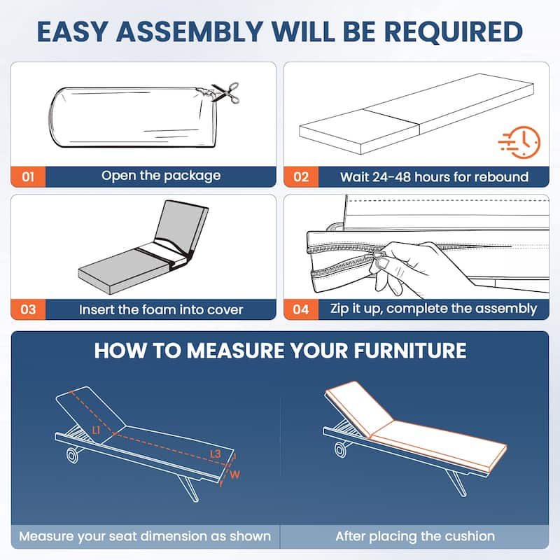 Pocassy 71x22 Inch Outdoor Chaise Lounge Cushions with Zipper