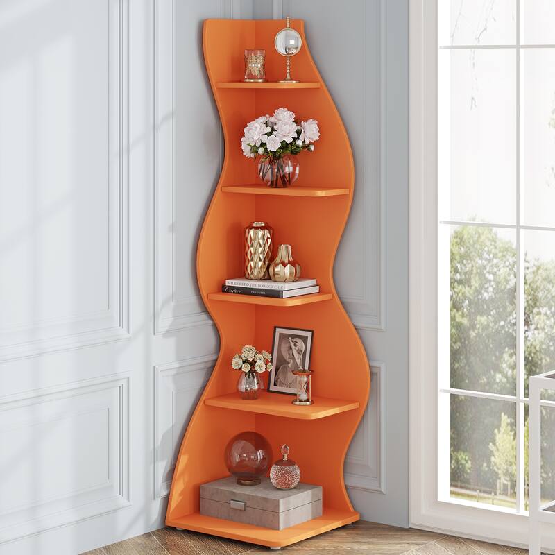 Modern Wood Corner Shelf, 5-Tier Bookshelf Bookcase for Living Room