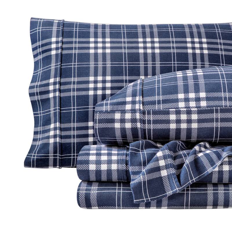 Bare Home Cotton Flannel Sheet Set - Velvety Soft Heavyweight - Twin - Stirling Plaid - Blue/White