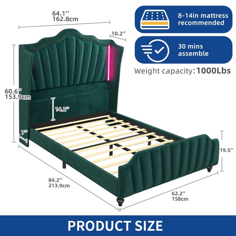 Moasis Queen Size Velvet Upholstered Platform Bed Frame with Wingback Headboard & LED Light
