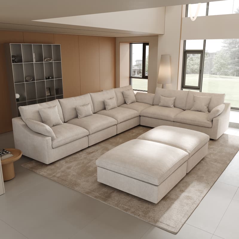 Large Linen Corner Sectional Sofa Couch for Living Room Set - Khaki+2 ottoman