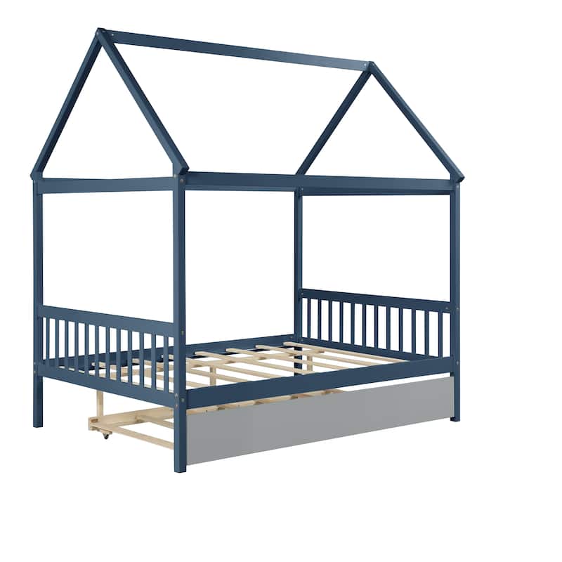 Full Size Wood House Bed with Trundle, Roof, and Fence