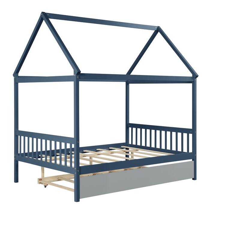 House-Shaped Full Bed with Trundle in Navy Blue and Grey, Solid Pine Wood Frame