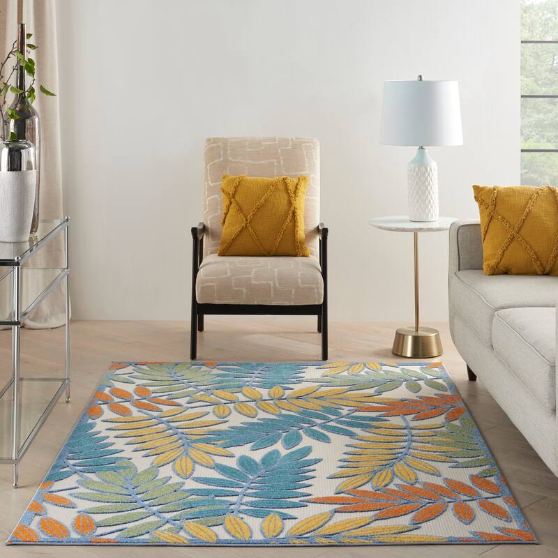 Nourison Aloha Leaf Print Vibrant Indoor/Outdoor Area Rug - 5'3" x round - Multi/Ivory