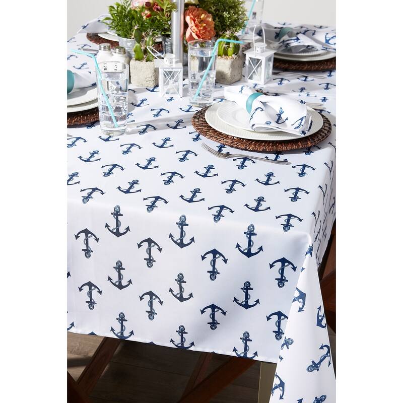 Boat Anchors Zippered Outdoor Round Tablecloth - 60" - White and Blue