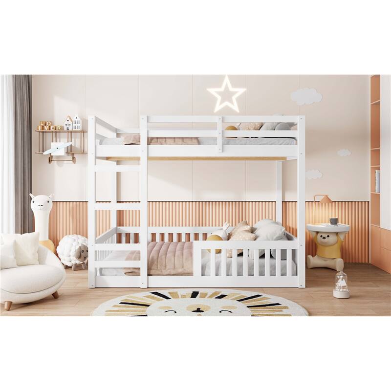 Roomfitters Full Over Full Wood Bunk Bed with Ladder and Guardrails, Solid Pine