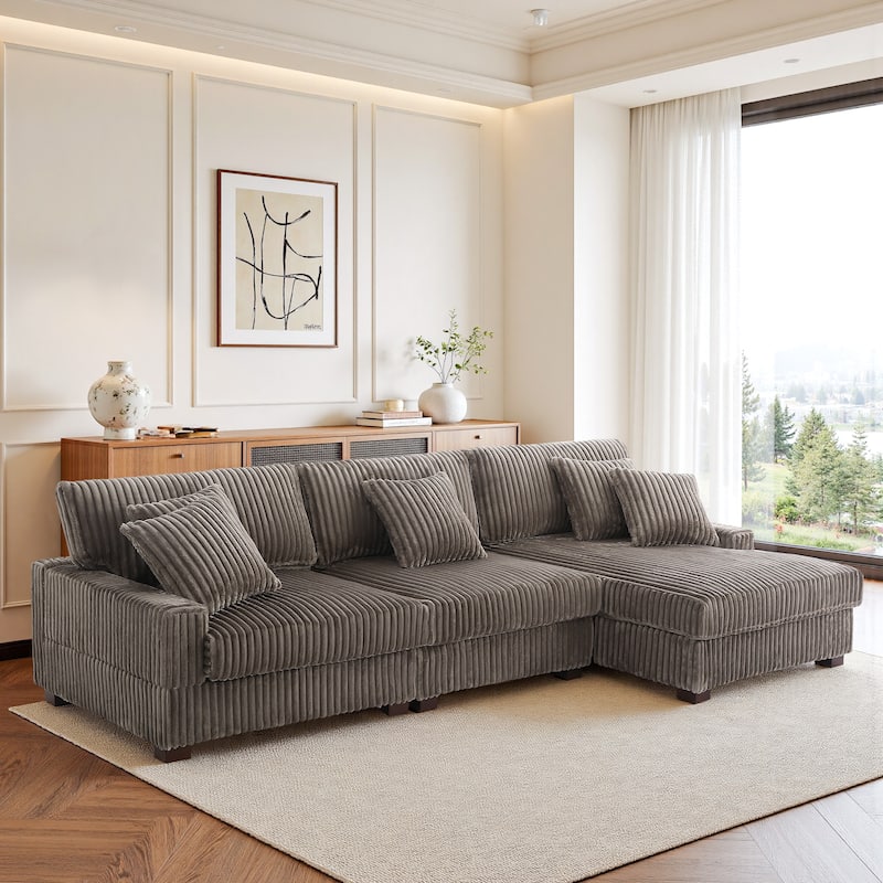118.3" W Plush Corduroy Square Arm Upholstered Sectional Modular Sofa - Light Brown - Right Facing