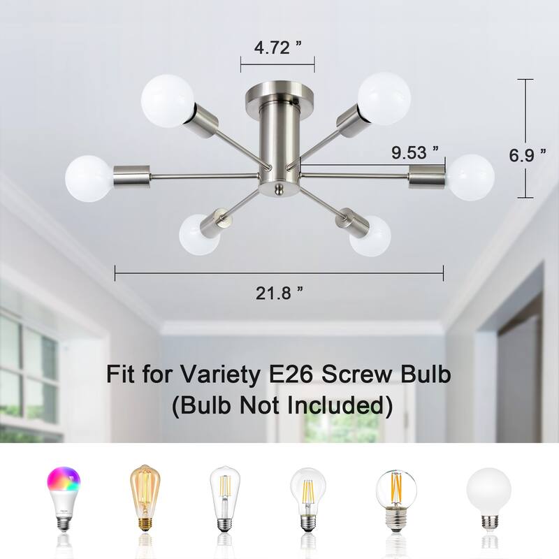 6-Light Mid Century Semi Flush Mount Chandelier for Dining Room