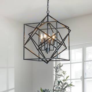 4- Light Matte Black Geometric Chandelier Modern Lighting Fixture Metal Caged Industrial Pendant - W22"