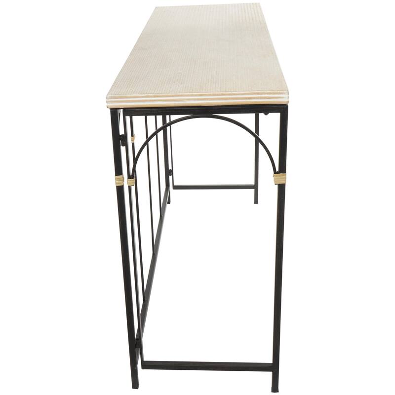 Wooden Arched Console Table with Wood Zig Zag Patterned Top and Rattan Accents - Black - Roche River Decor