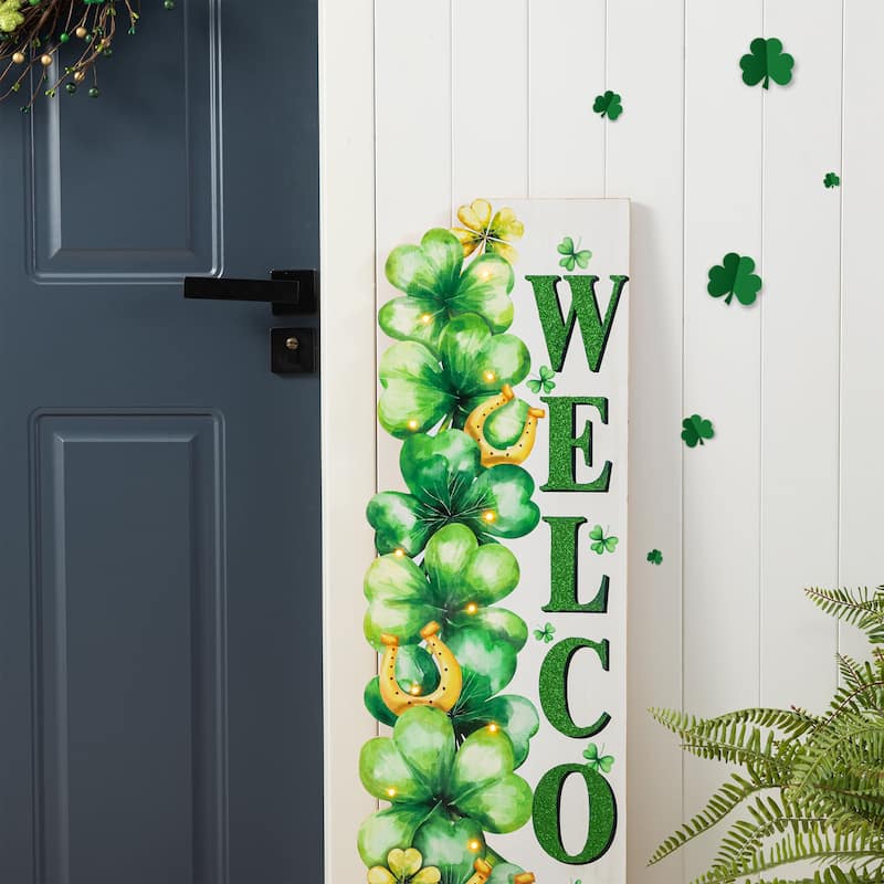 Glitzhome 42"H St. Patrick's Lighted Wooden Stacked Shamrock Porch Decor with Timer