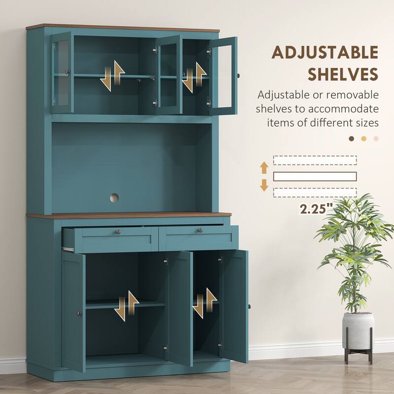 Tall Adjustable Shelves Kitchen Pantry Cabinet with Glass Doors and 8 Compartments 2 Drawers - 39.4" W x 15.7" D x 70.9" H