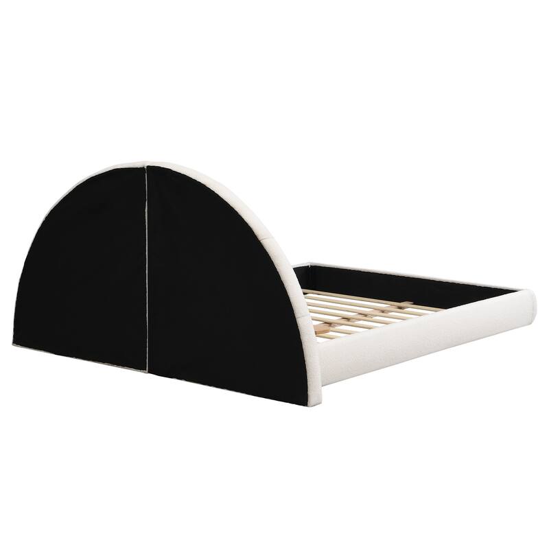 Unique Arched Boucle Grounding Bed Frame, Upholstered Platform Bed, Half Moon Shaped Headboard with 2 Small Table