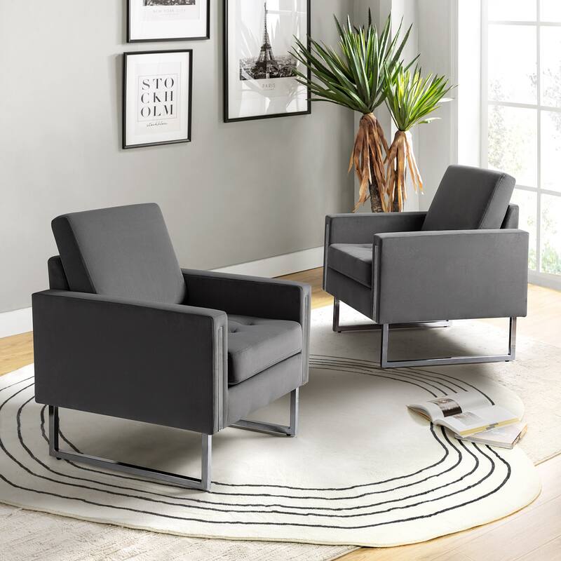 Elastus Modern Velvet Club Chair with Chic Metal Legs Set of 2 by HULALA HOME - GREY