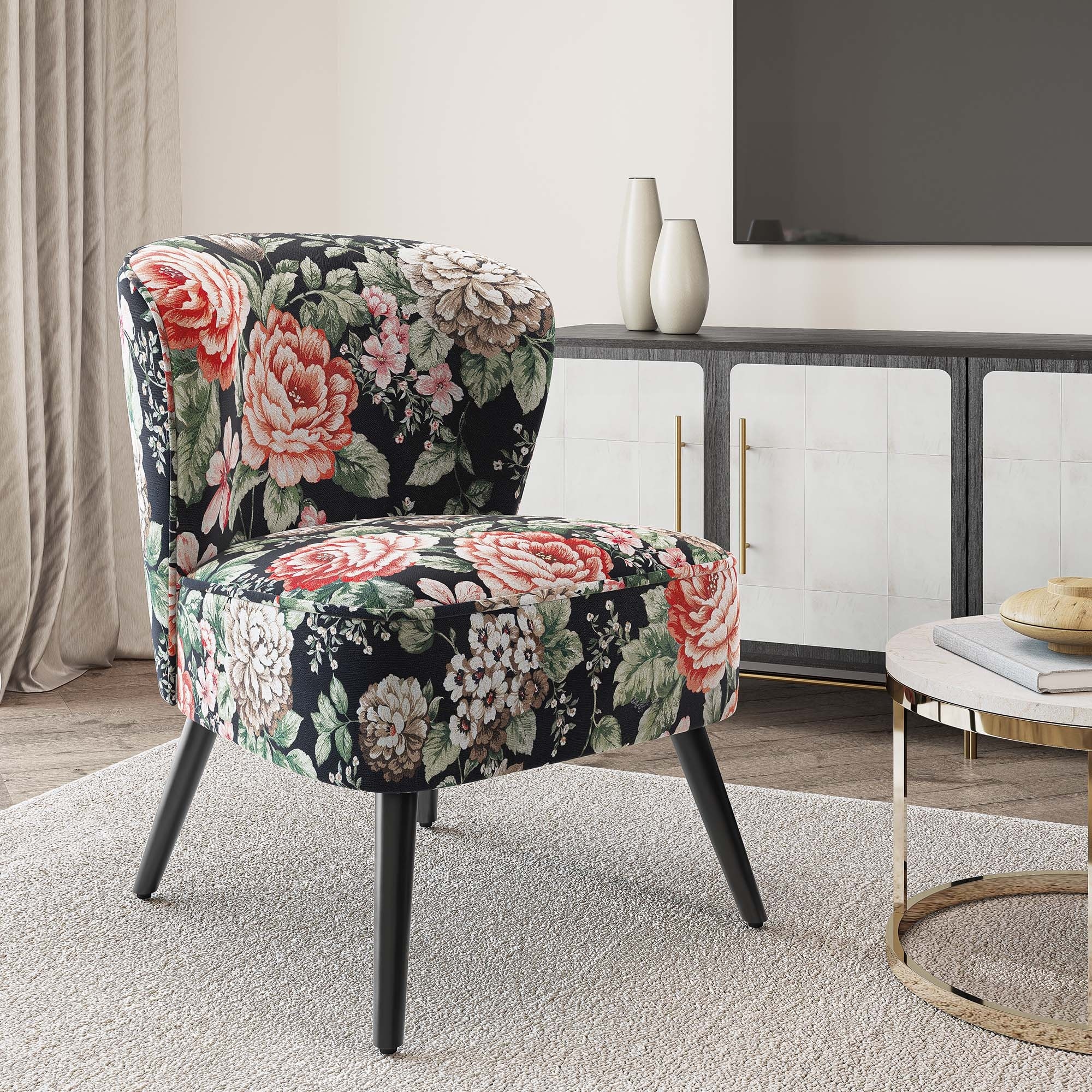 BELLEZE Floral Accent Chair, Upholstered Armless Chair - Red
