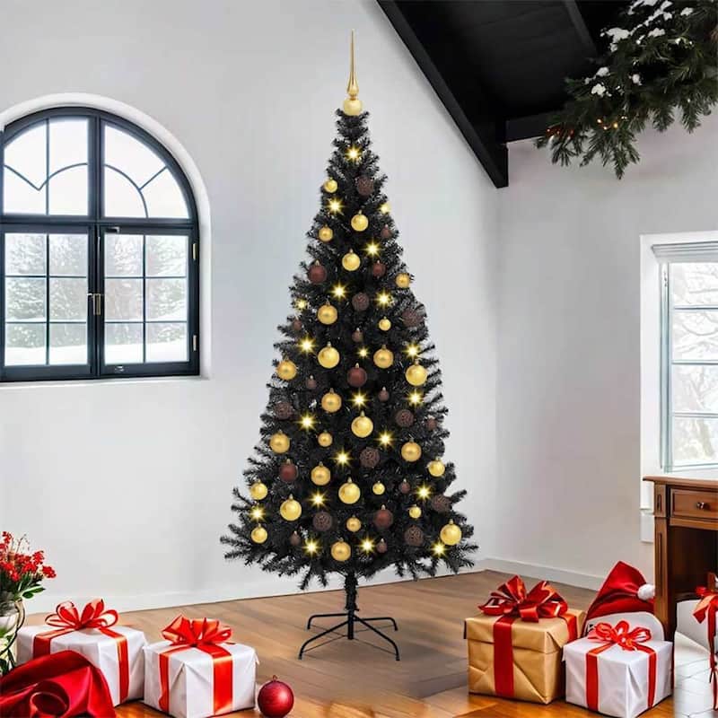 vidaXL Christmas Tree with 300 LEDs with Stand Black 70.9" PVC - 70.9 - Black-with LEDs and gold/bronze balls