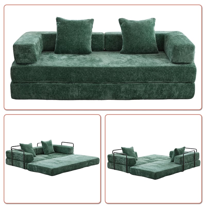 Modern Minimalist Compressed Upholstered Convertible Two-Seater Sofa Bed with External Metal Frame