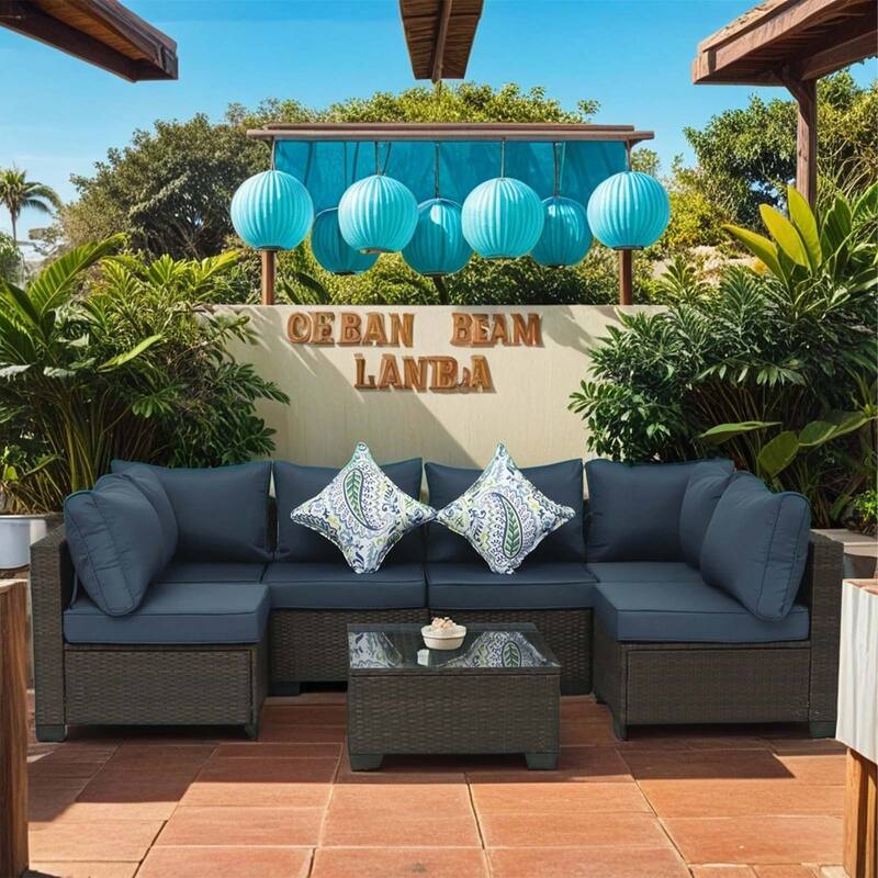 7-Piece PE Rattan Wicker Outdoor Patio Sectional Sofa Set with Cushions and Coffee Table