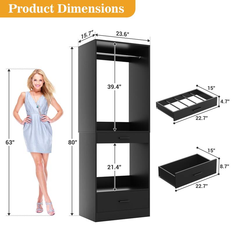 Qvella 23.6'' W Closet System with Hanging Rod & Pants Rack & Drawer, Modular Closet Organizer for Walk-In/Reach-in Closet