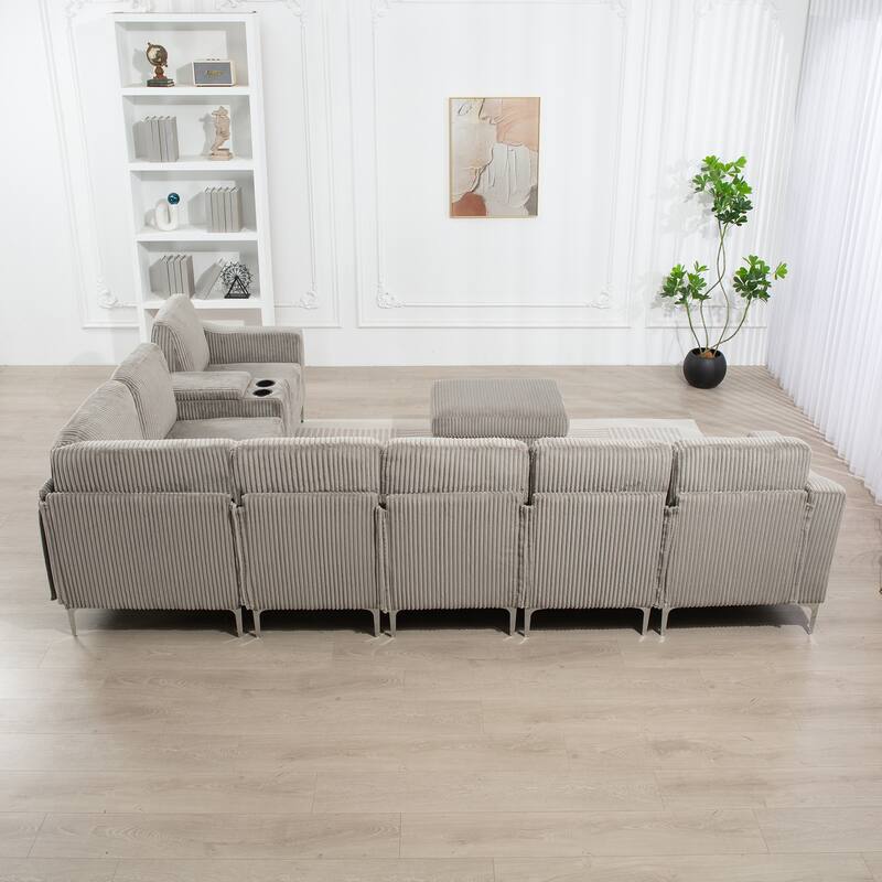 Modular Corduroy Sectional Sofa Convertible 6-Seat Couch with USB Ports, Storage Ottomans and Cup Holder for Living Room