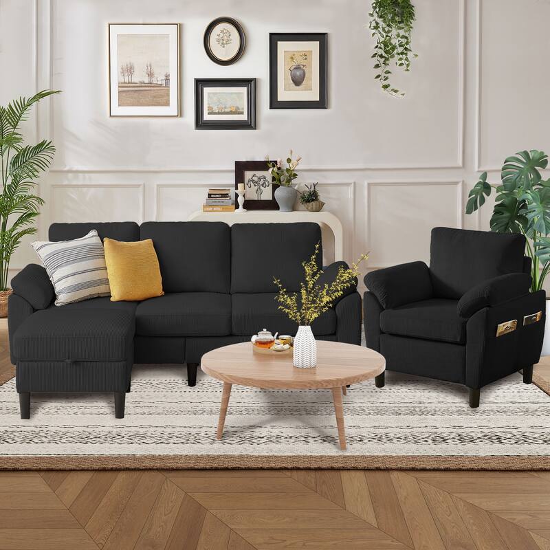 79.72" Corduroy 3 Pieces Living Room Sets Including Sectional Sofa with Storage Ottoman & Side Pockets & Armchair Set - Black