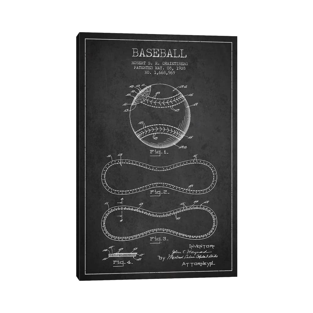 iCanvas "Baseball Charcoal Patent Blueprint" by Aged Pixel Canvas Print