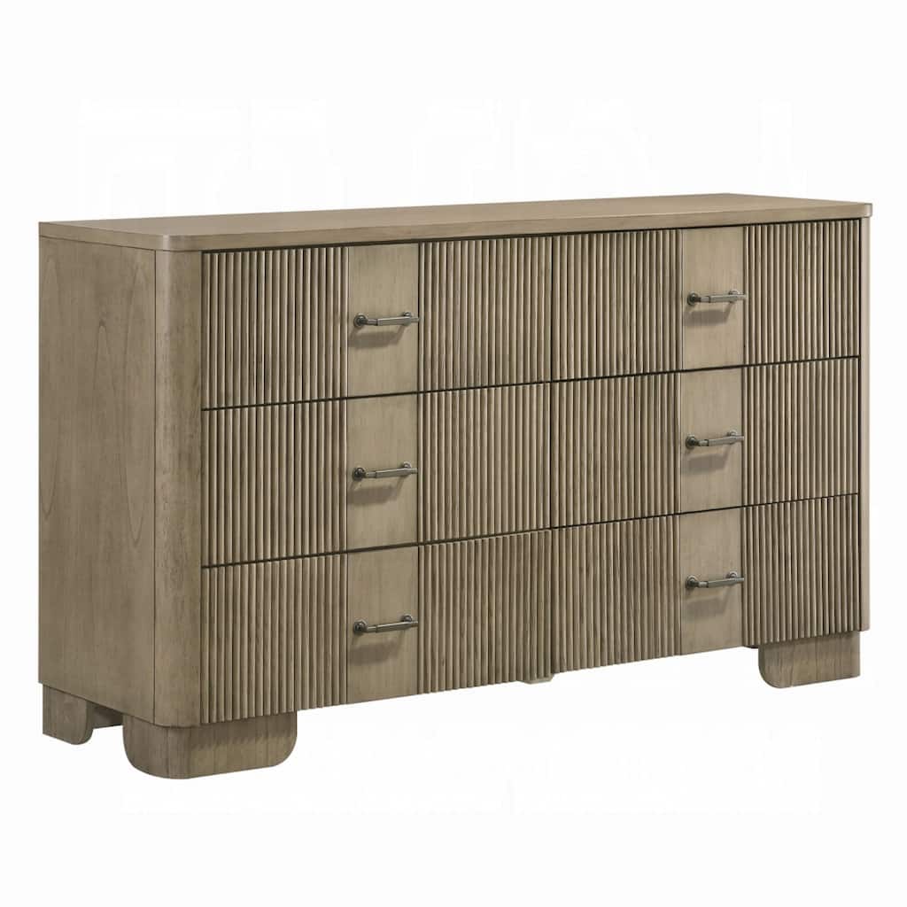 Leky Dresser, 63 Inch, 6 Reeded Drawers, Bar Handles, Antique Oak Brown