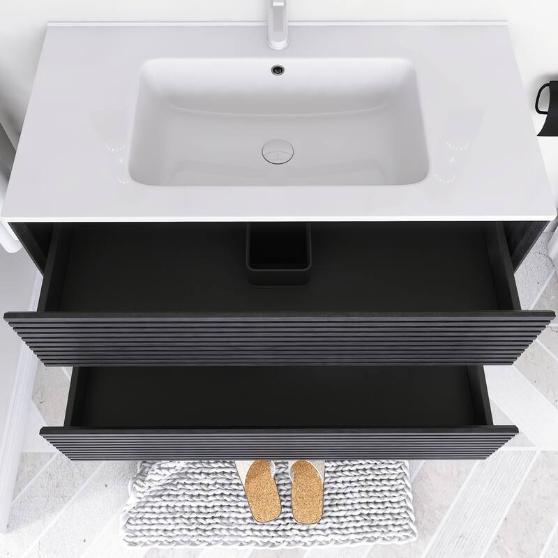 Wall-Mounted Bathroom Vanity with White Ceramic Sink