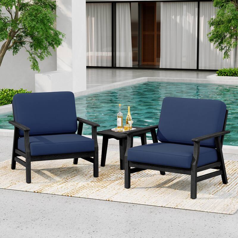 3-Piece Teak Outdoor Conversation Set with Cushions and Side Table - Navy/Black Frame - Black Frame