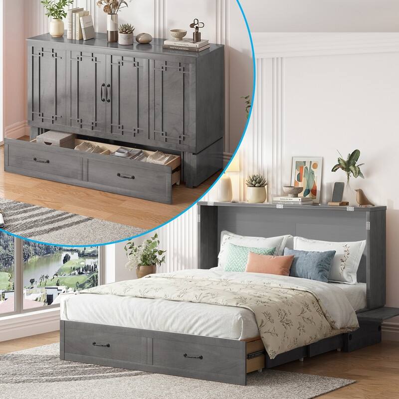 Mixoy Queen Size Murphy Bed with Mattress,Foldable Space-Saving Cube Cabinet Bed - Dark Grey - Queen