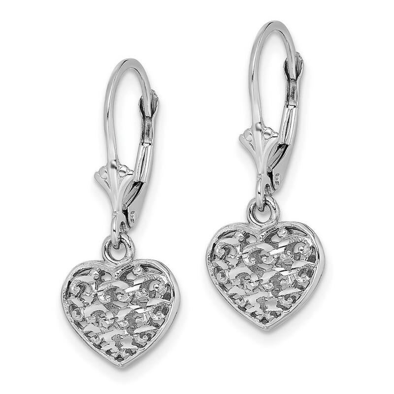 Curata 14k White Gold 25.8x10.7mm Textured Puffed Heart Leverback Earrings