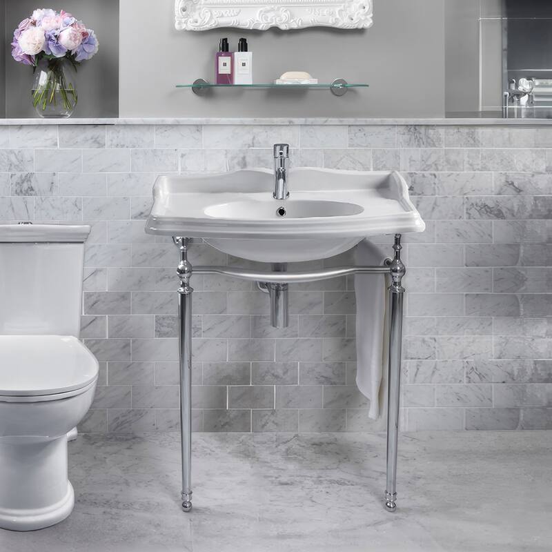 Whitehaus Britannia Large Rectangular Sink Console with Front Towel - White / Chrome