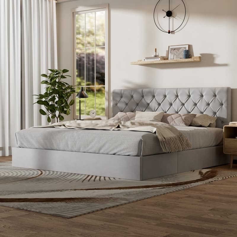 Plywood Frame Upholstered Platform Bed with Lift-up Storage Supported by Metal and Wooden Slats - Beige - King