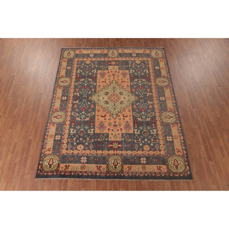 Geometric Kazak Area Rug Handmade Traditional Grey Wool Carpet - 7'9"x 9'9"