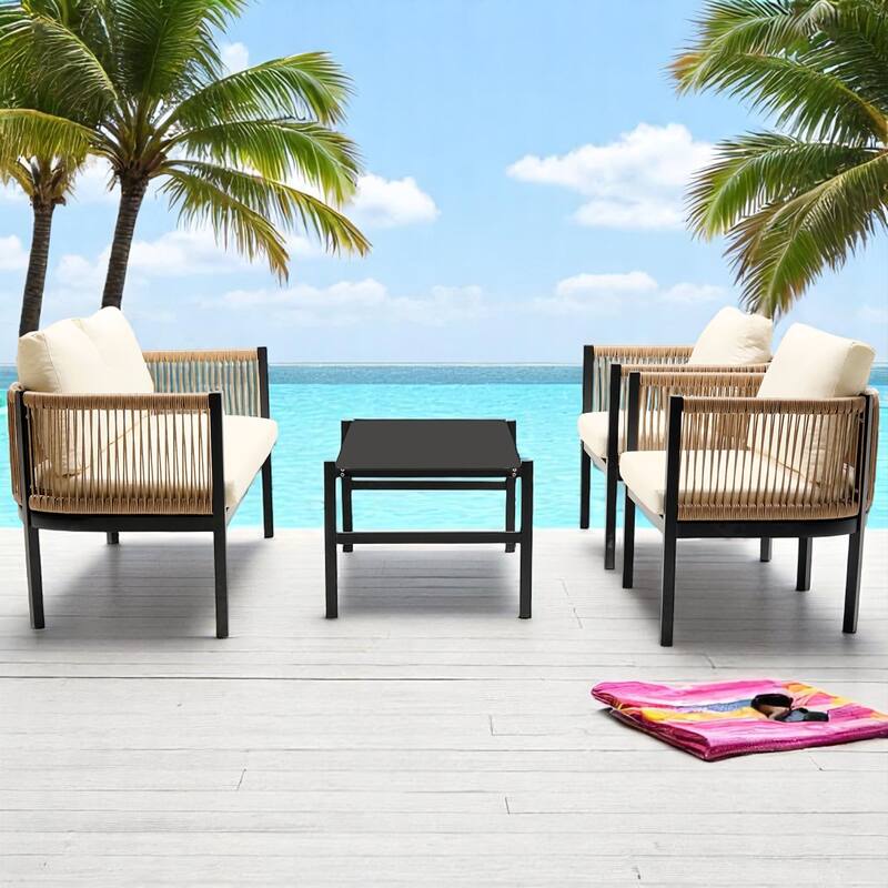 Modular Multi-Person Outdoor Sofa Set with Tempered Glass Table - Ideal for Garden, Backyard, and Balcony