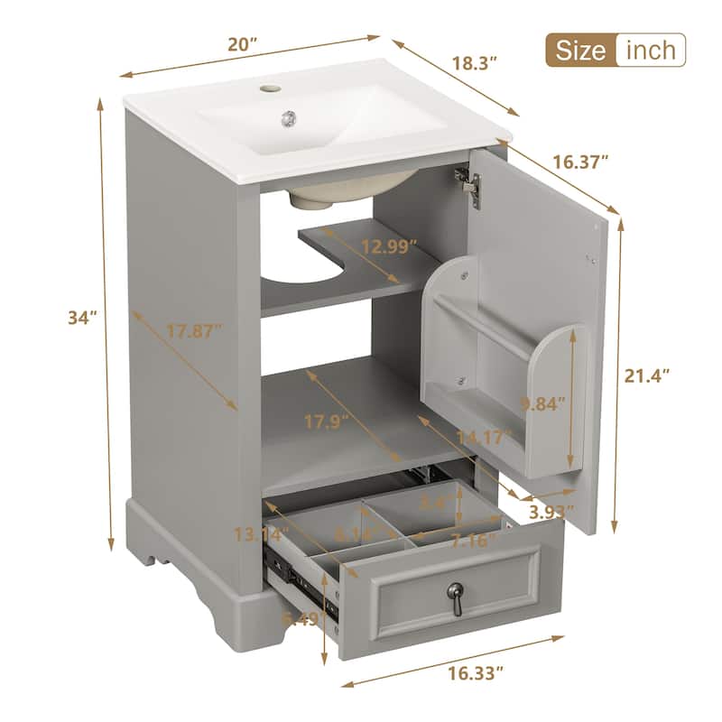 20" Bathroom Vanity with Ceramic Sink, Soft-Close Door, Drawer, Adjustable U-Shaped Shelf, Modern Freestanding Design