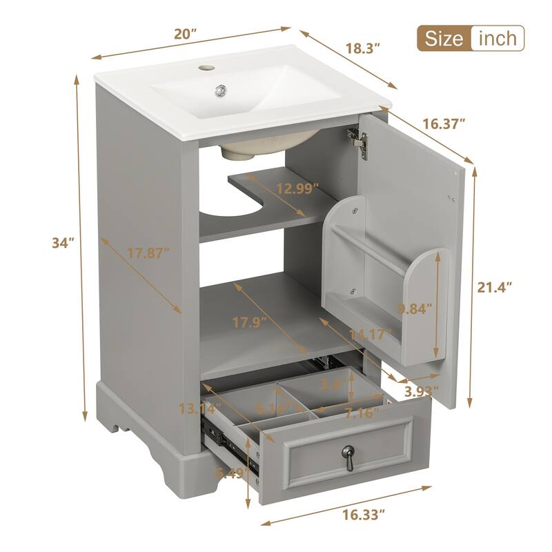 20" Bathroom Vanity with Ceramic Sink Bathroom Storage Cabinet with Adjustable U-Shaped and Drawer