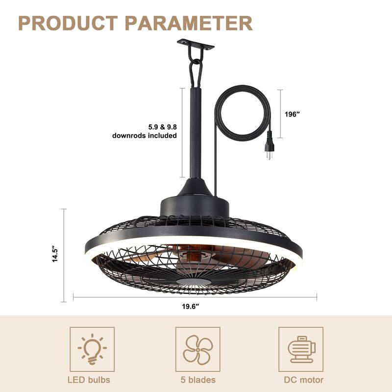 Bella Depot 20" Outdoor Ceiling Fan with Light and Remote 6-Speed Reversible Black Cage Fan