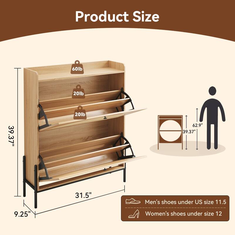 2-Drawer Wooden Shoe Cabinet with Rattan Doors/Narrow Freestanding Storage Organizer for Entryway