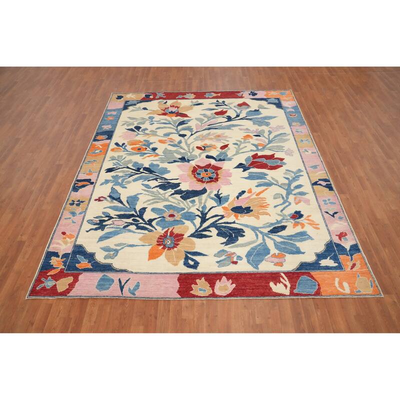 Hand Knotted Oriental 100% Wool Carpet Transitional Floral Beige & Ivories Oushak Area Rug - 9' 11'' X 8' 4''