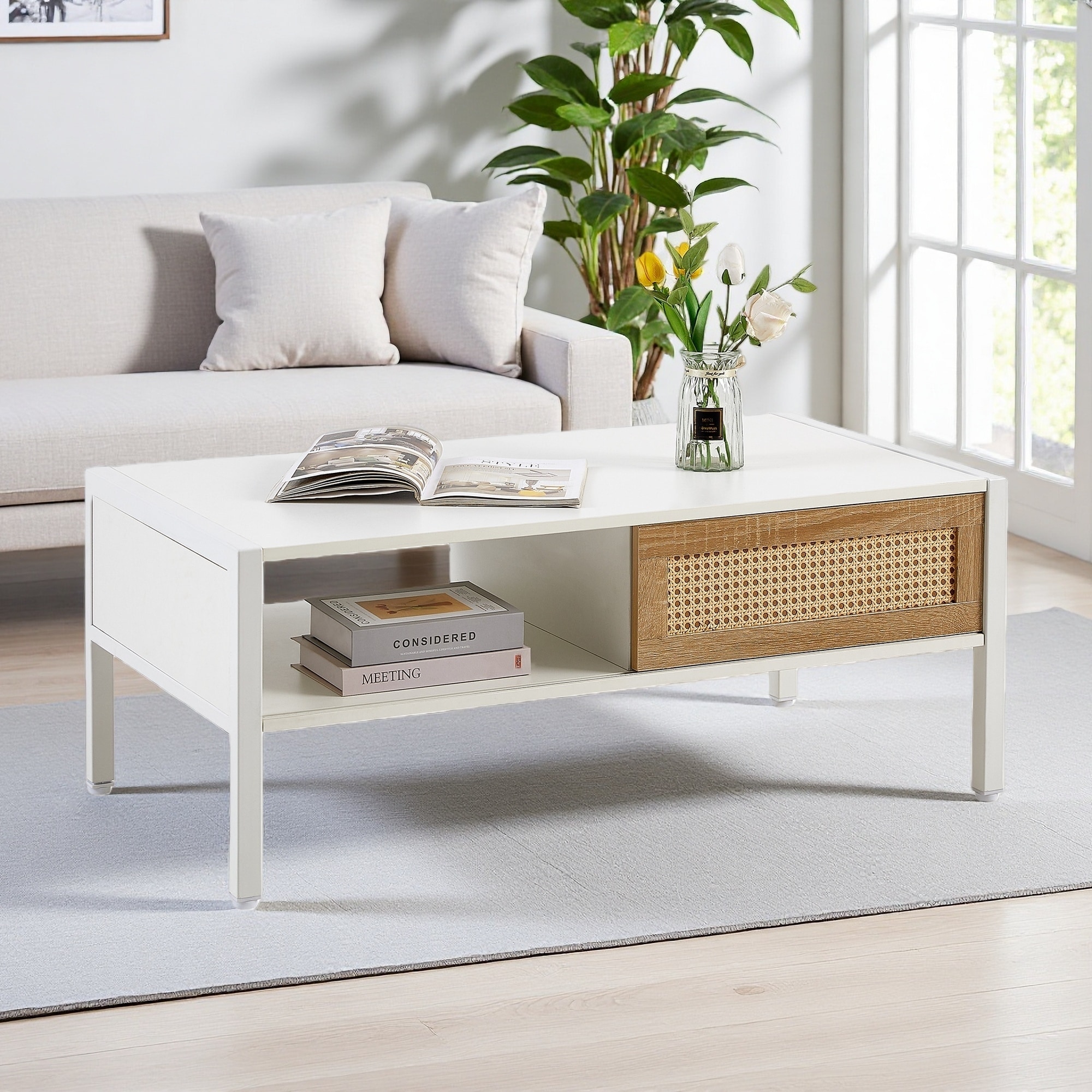 40.16" Rattan Coffee Table with Sliding Door and Metal Legs with Adjustable Feet and Easy Assembly