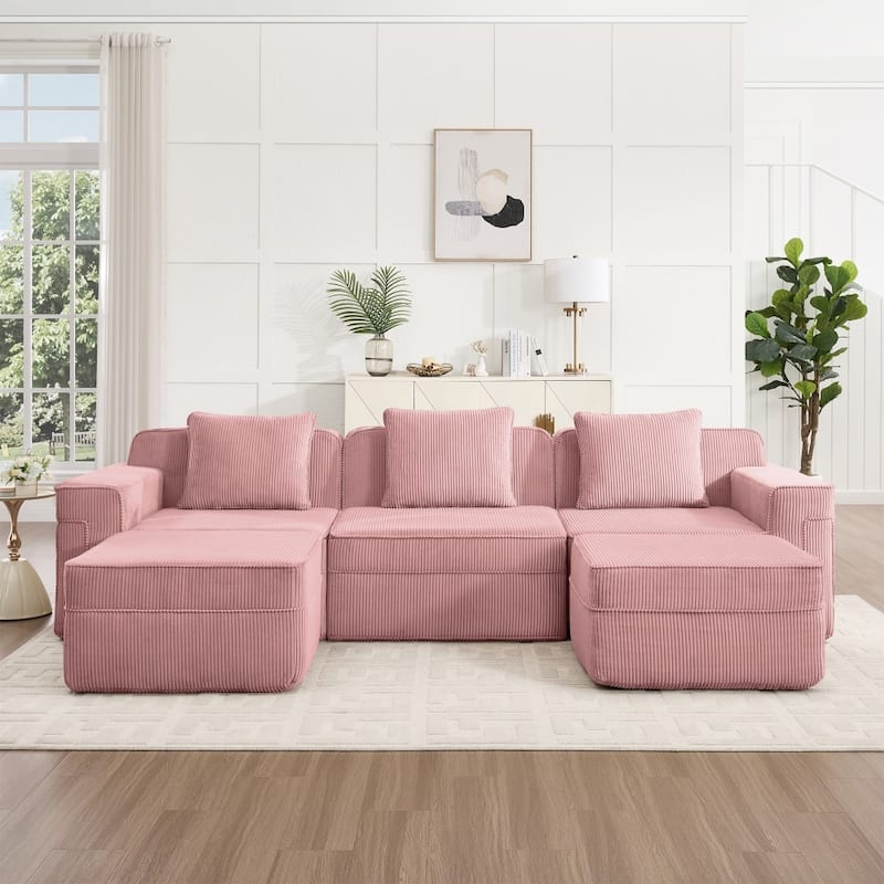 Modular 3-Seat Sectional Sofa with Throw Pillows and 2 Movable Ottomans