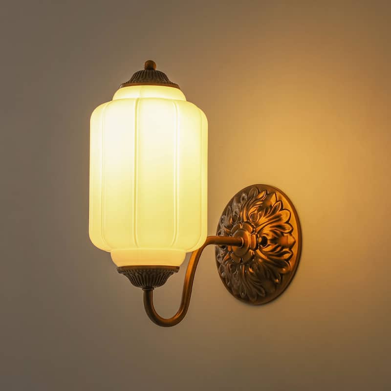 1-Light Vintage Aged Antique Brass Finish Lantern Shaped Wall Light with Milk/Green Glass for Bedroom, Hallways
