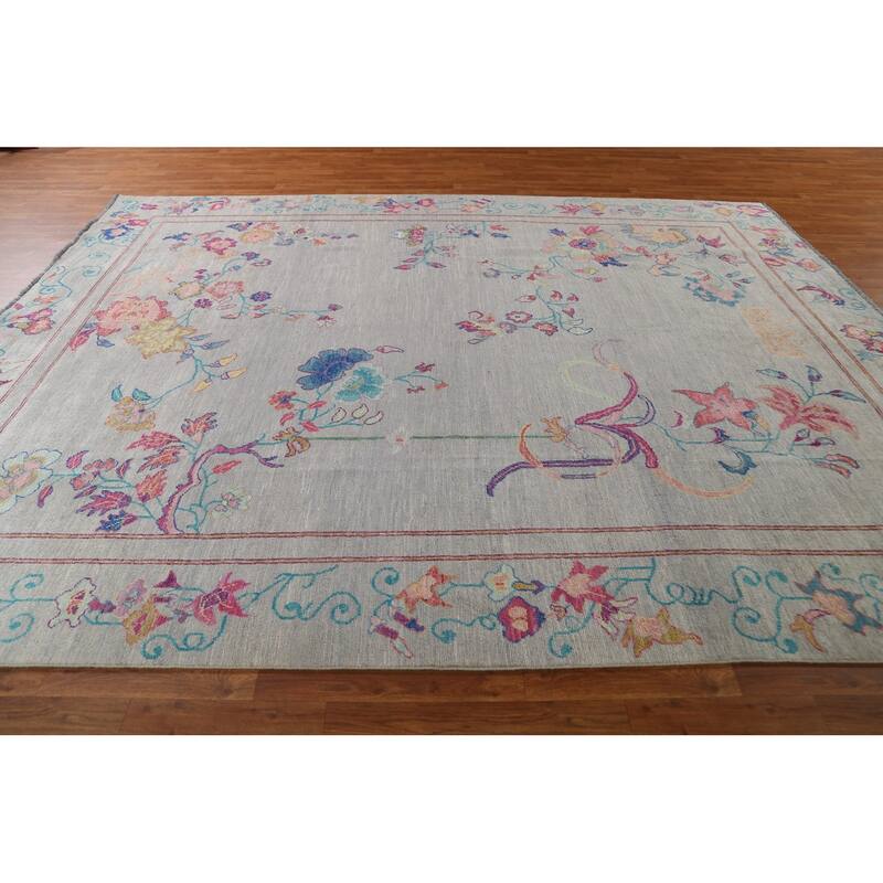 Hand Knotted Oriental 100% Wool Carpet Traditional Floral Greys & Charcoal Art Deco Area Rug - 11' 6'' X 9' 0''
