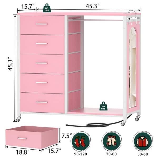 dimension image slide 1 of 3, Kid's Closet Organizer with Fabric Drawers and Mirror, Rolling Dresser and Chest with Charge Station
